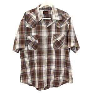 Vintage Plains Western Wear Mens XL Button Up Shirt Plaid Pearl Snap Brown Blue